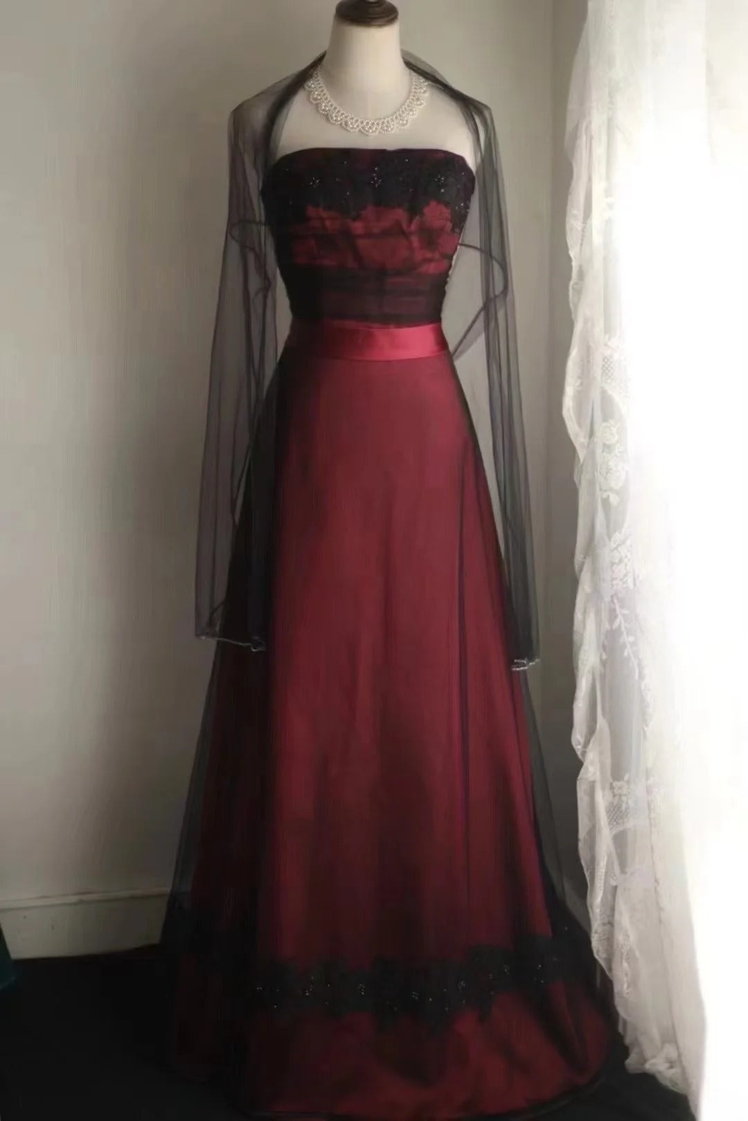 Chic Burgundy Long Prom Dresses  Tulle A-line Evening Dress Strapless Birthday Dress DP04918