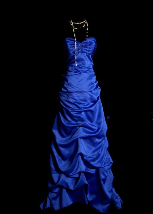 Elegant Royal Blue Long Prom Dresses Satin Beaded Sweetheart A-Line Evening Dress Sleeveless Party Dress DP04921