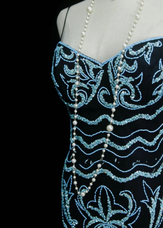 Elegant Black Long Prom Dresses Beaded Chiffon Spaghetti Straps Sheath Evening Dress Sleeveless Birthday Dress DP04923