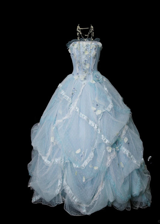 Elegant Strapless Pale Blue Long Prom Dresses Applique Tulle A-line Evening Dress Sleeveless Birthday Dress DP04925