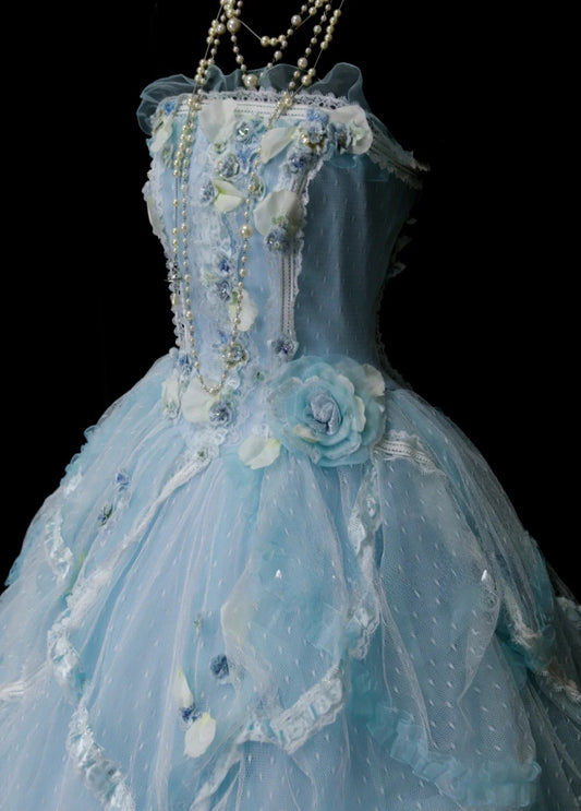 Elegant Strapless Pale Blue Long Prom Dresses Applique Tulle A-line Evening Dress Sleeveless Birthday Dress DP04925