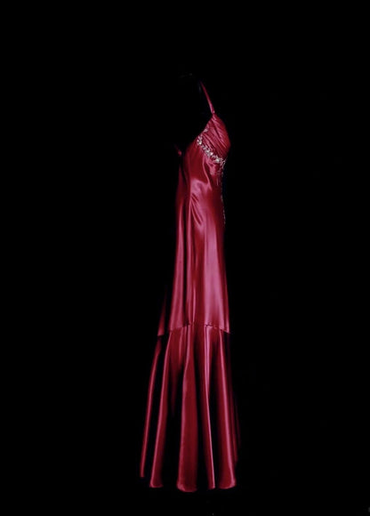 Elegant V-neck Red Long Prom Dresses Beaded Satin Sheath Evening Dress  Backless Sleeveless Birthday Dress DP04936