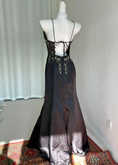 Elegant V-neck Black Long Prom Dresses Beaded Satin Sheath Evening Dress Sleeveless Party Dress DP04937