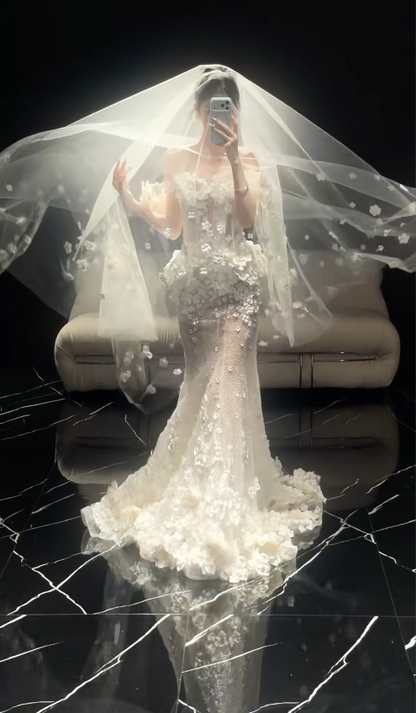 Timeless Mermaid Long  Wedding Dress Off-shoulder Applique Tulle Light Champagne Bridal Dress Sleeveless Bridal Gowns DP04942