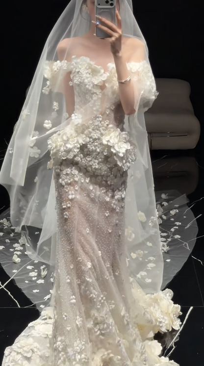 Timeless Mermaid Long  Wedding Dress Off-shoulder Applique Tulle Light Champagne Bridal Dress Sleeveless Bridal Gowns DP04942