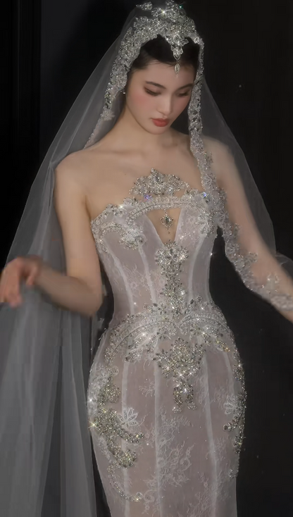 Timeless Mermaid Long  Wedding Dress Strapless Beaded Tulle White Bridal Dress Sleeveless Bridal Gowns DP04944