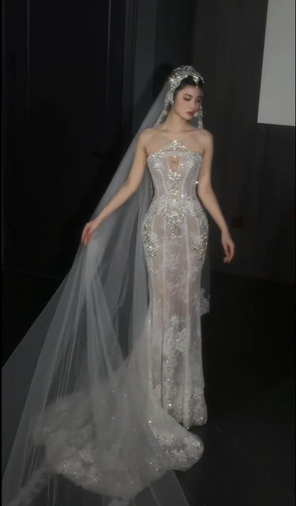 Timeless Mermaid Long  Wedding Dress Strapless Beaded Tulle White Bridal Dress Sleeveless Bridal Gowns DP04944