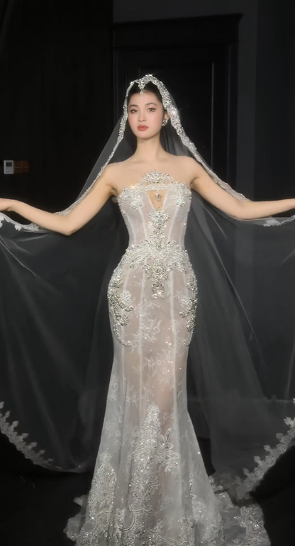 Timeless Mermaid Long  Wedding Dress Strapless Beaded Tulle White Bridal Dress Sleeveless Bridal Gowns DP04944