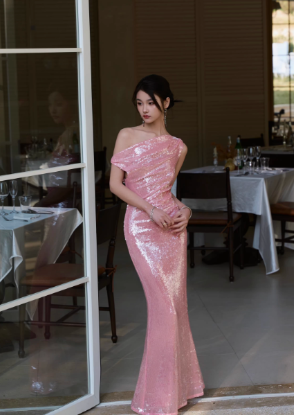 Sexy Pink Long Prom Dress Off-shoulder Sheath Evening Dress Sequins Sleeveless Birthday Dress DP04952