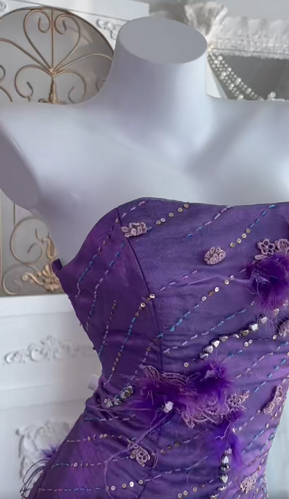 Gorgeous Purple Hi-lo Prom Dress Strapless Sheath Evening Dress Tulle Appliques Sleeveless Birthday Dress DP04953