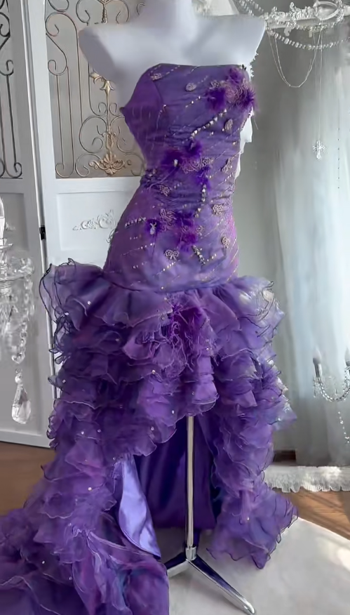 Gorgeous Purple Hi-lo Prom Dress Strapless Sheath Evening Dress Tulle Appliques Sleeveless Birthday Dress DP04953