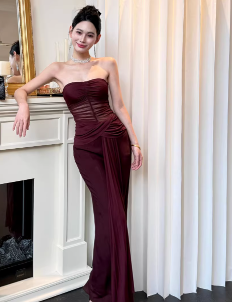 Sexy Burgundy Long Prom Dress Strapless Sheath Evening Dress Chiffon Sleeveless Birthday Dress DP04955