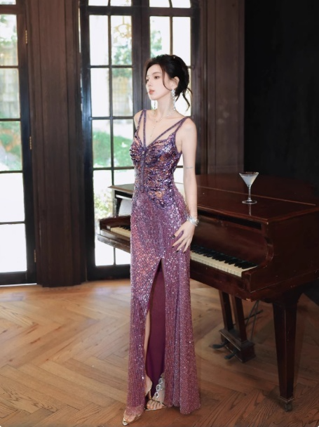 Sexy Purple Long Prom Dress V-Neck Sheath Backless Evening Dress Sequins Tulle Sleeveless Birthday Dress DP04958