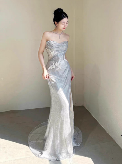 Sexy Sliver Long Prom Dress Sweetheart Sheath Evening Dress Sequins Tulle Sleeveless Birthday Dress DP04959