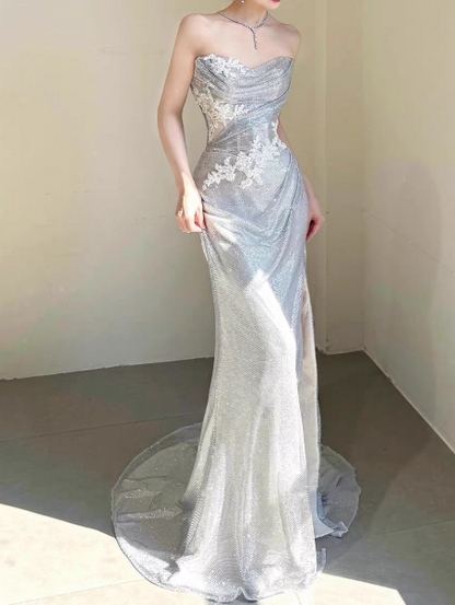 Sexy Sliver Long Prom Dress Sweetheart Sheath Evening Dress Sequins Tulle Sleeveless Birthday Dress DP04959