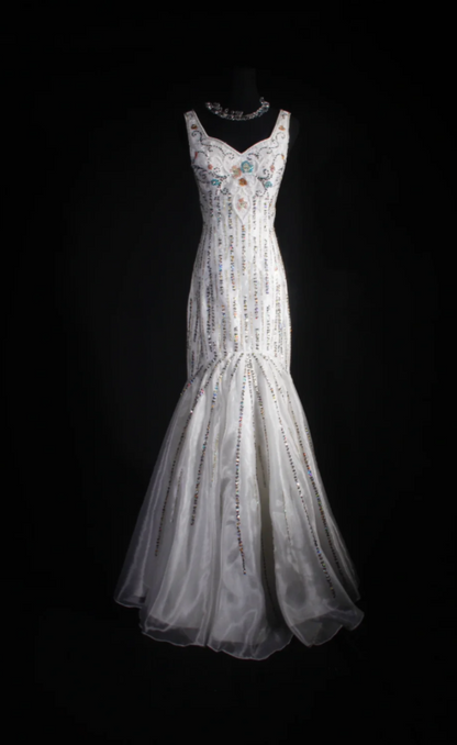 Vintage White Long Prom Dress Straps Mermaid Evening Dress Sequins Beaded Tulle Sleeveless Birthday Dress DP04961