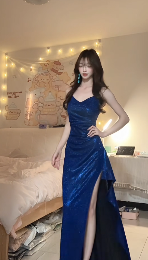 Sparkly Navy Blue Long Prom Dresses Satin Spaghetti Straps Sheath Evening Dress with Slit DP04964