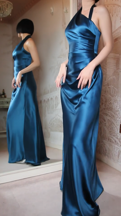 Sexy Dark Teal Long Prom Dresses Satin Halter Sheath Evening Dress  DP04965