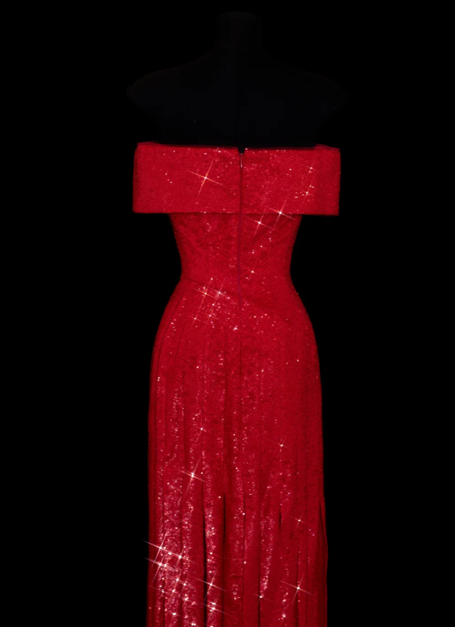 Chic Burgundy Long Prom Dresses Sequins Off-shoulder Sheath Evening Dress  DP04966