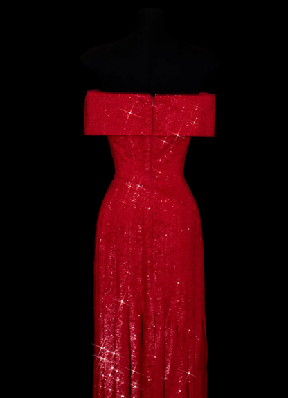 Chic Burgundy Long Prom Dresses Sequins Off-shoulder Sheath Evening Dress  DP04966