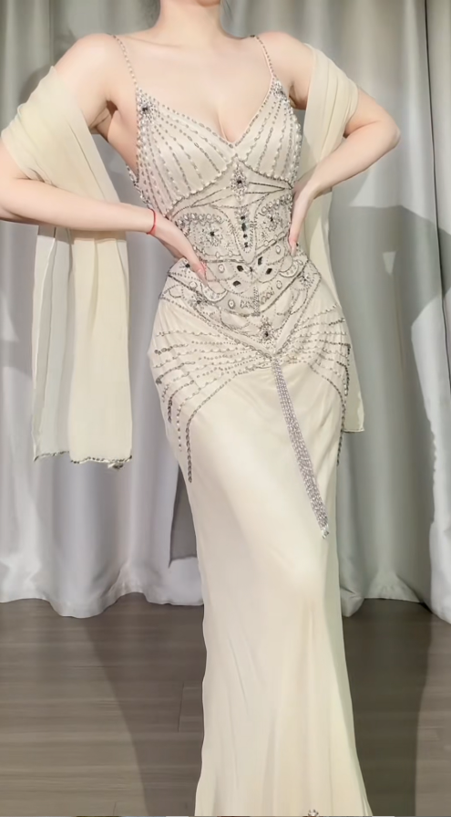 Chic Apricot Long Prom Dresses Beaded Chiffon Sheath Evening Dress  Spaghetti Straps Party Outfit DP04968