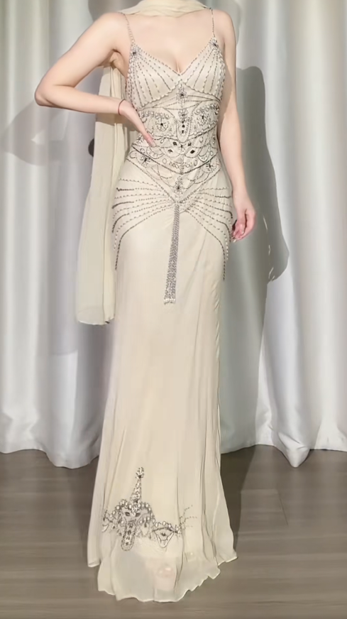 Chic Apricot Long Prom Dresses Beaded Chiffon Sheath Evening Dress  Spaghetti Straps Party Outfit DP04968