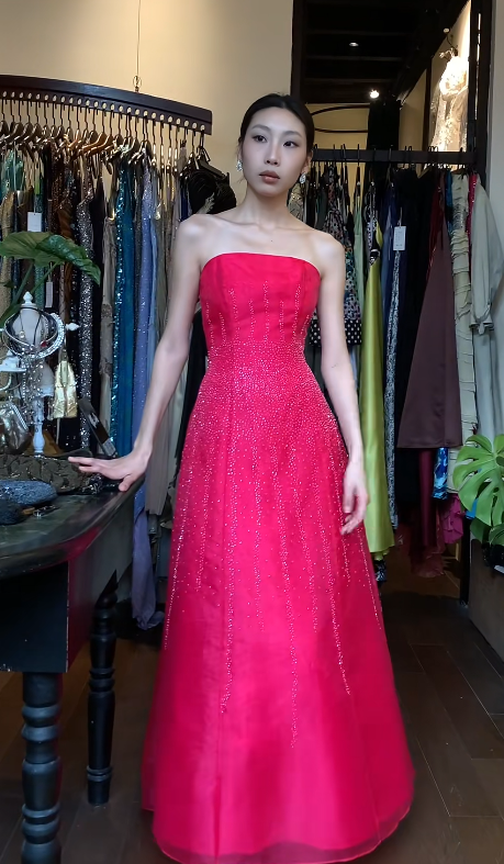 Gorgeous Hot Pink Long Prom Dresses Beaded Tulle Strapless A-Line  Evening Dress   DP04970