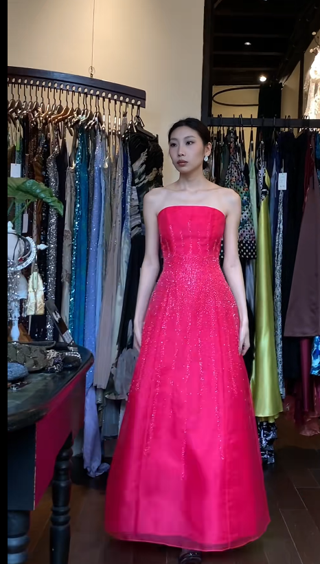 Gorgeous Hot Pink Long Prom Dresses Beaded Tulle Strapless A-Line  Evening Dress   DP04970