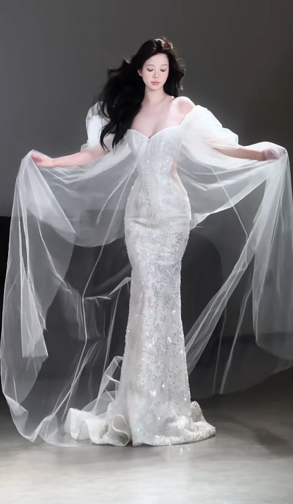 Elegant Mermaid Long Wedding Dress Beaded Satin Sweetheart Bridal Gowns Sleeveless Bridal Dress DP04977