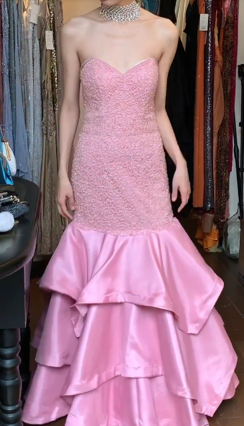 Elegant Sweetheart Mermaid Long Prom Dresses Beaded Satin Pink Evening Dress Sleeveless Formal Dress DP04982