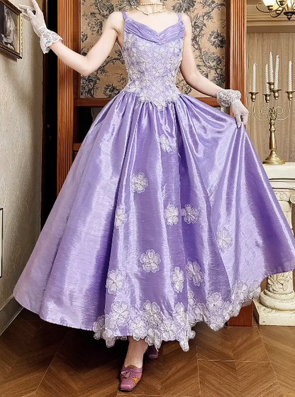 Cute Spaghtti Straps A-Line Long Prom Dresses Applique Satin Purple Evening Dress Sleeveless Formal Dress DP04984