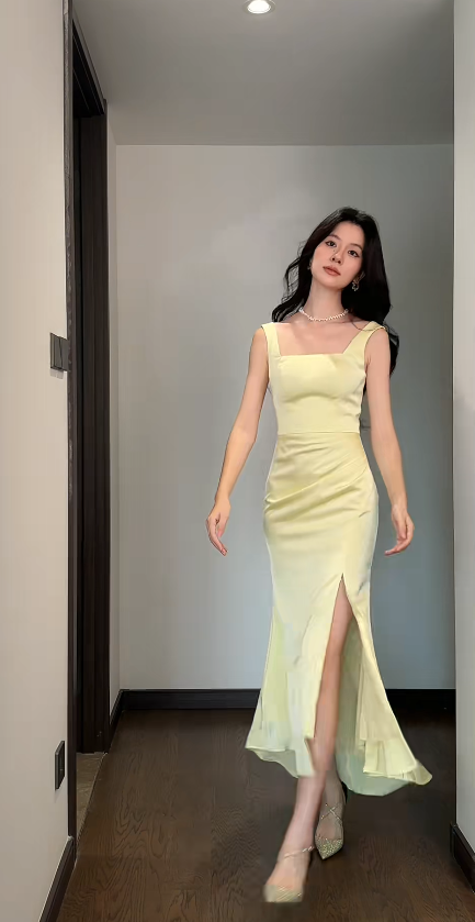 Chic Yellow Bridesmaid Dress Satin Sheath Sleeveless Wedding Guest Dress Straps Evening Dress DP04985