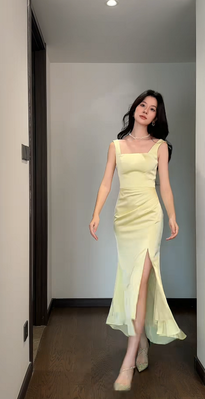 Chic Yellow Bridesmaid Dress Satin Sheath Sleeveless Wedding Guest Dress Straps Evening Dress DP04985
