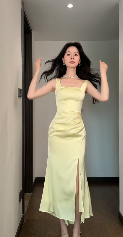 Chic Yellow Bridesmaid Dress Satin Sheath Sleeveless Wedding Guest Dress Straps Evening Dress DP04985