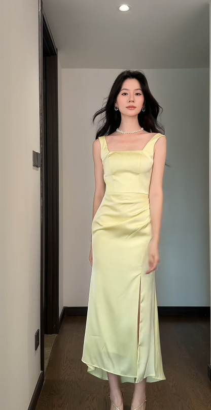 Chic Yellow Bridesmaid Dress Satin Sheath Sleeveless Wedding Guest Dress Straps Evening Dress DP04985