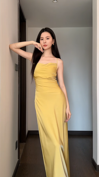 Chic Gold Bridesmaid Dress Satin Sheath Sleeveless Wedding Guest Dress Spaghetti  Straps Evening Dress DP04986