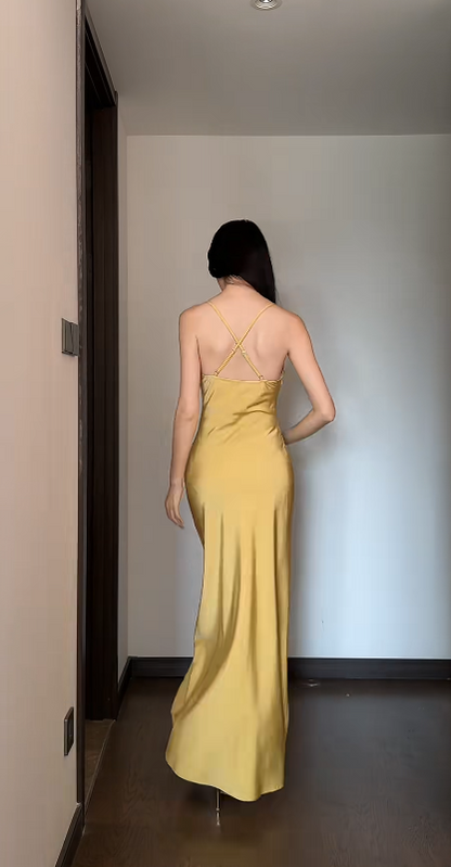 Chic Gold Bridesmaid Dress Satin Sheath Sleeveless Wedding Guest Dress Spaghetti  Straps Evening Dress DP04986