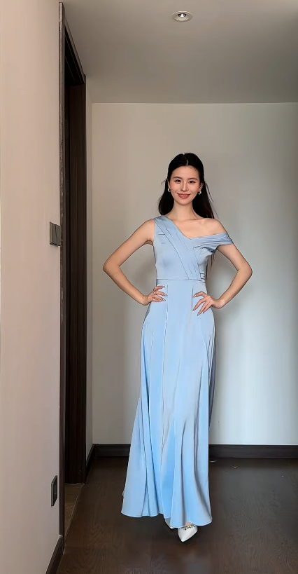 Chic Blue Bridesmaid Dress Satin A-Line Sleeveless Wedding Guest Dress Off-shoulder Evening Dress DP04987