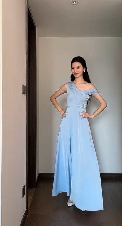 Chic Blue Bridesmaid Dress Satin A-Line Sleeveless Wedding Guest Dress Off-shoulder Evening Dress DP04987