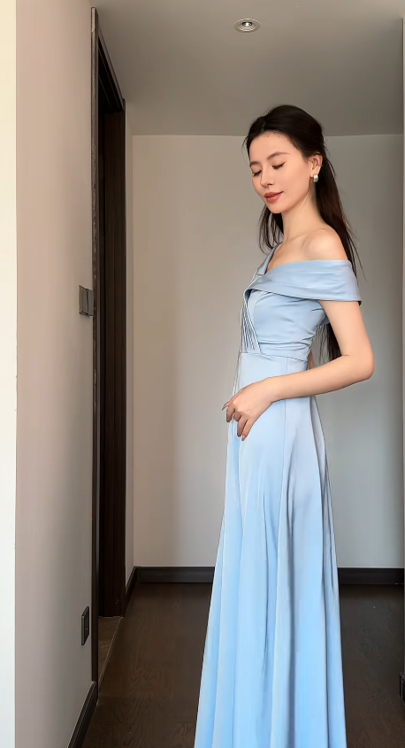 Chic Blue Bridesmaid Dress Satin A-Line Sleeveless Wedding Guest Dress Off-shoulder Evening Dress DP04987