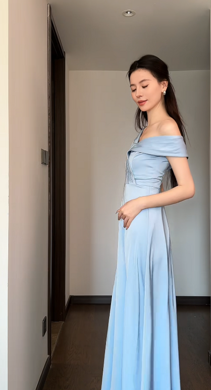 Chic Blue Bridesmaid Dress Satin A-Line Sleeveless Wedding Guest Dress Off-shoulder Evening Dress DP04987