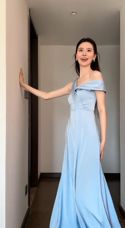 Chic Blue Bridesmaid Dress Satin A-Line Sleeveless Wedding Guest Dress Off-shoulder Evening Dress DP04987