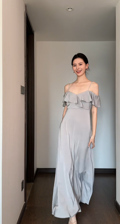 Chic Gray Bridesmaid Dress Satin A-Line Sleeveless Wedding Guest Dress Off-shoulder Evening Dress DP04988