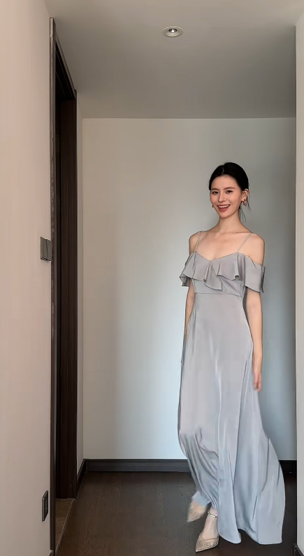Chic Gray Bridesmaid Dress Satin A-Line Sleeveless Wedding Guest Dress Off-shoulder Evening Dress DP04988