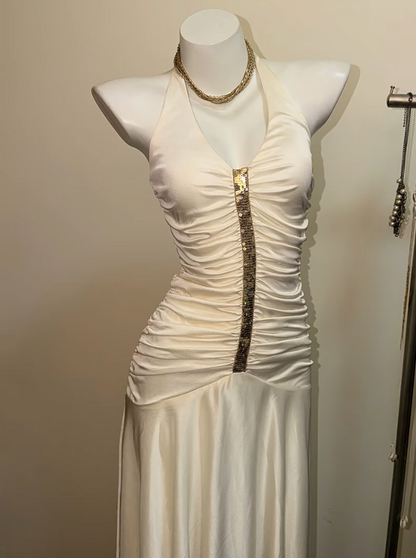 Chic White Long Prom Dress Satin Halter Sheath Evening Dress Sleeveless Party Dress DP04994