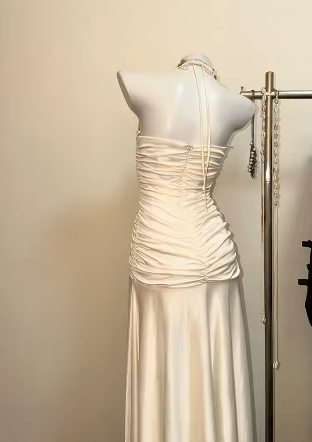 Chic White Long Prom Dress Satin Halter Sheath Evening Dress Sleeveless Party Dress DP04994