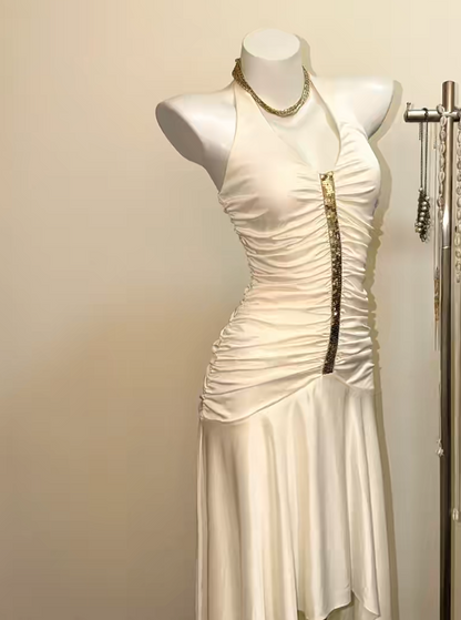 Chic White Long Prom Dress Satin Halter Sheath Evening Dress Sleeveless Party Dress DP04994