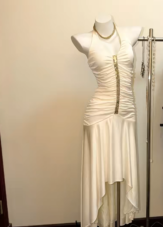 Chic White Long Prom Dress Satin Halter Sheath Evening Dress Sleeveless Party Dress DP04994