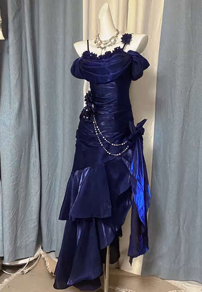 Chic Navy Blue Long Prom Dress Satin Straps Sheath Evening Dress Sleeveless Birthday Dress DP04996