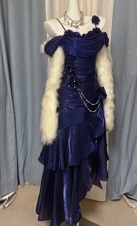 Chic Navy Blue Long Prom Dress Satin Straps Sheath Evening Dress Sleeveless Birthday Dress DP04996